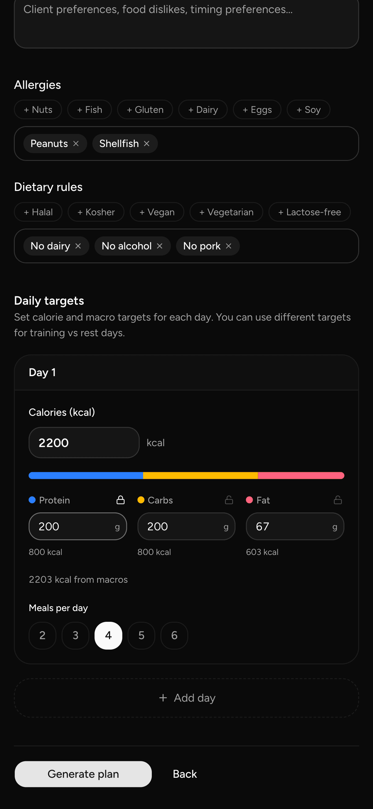 Step 1 - Client diet information